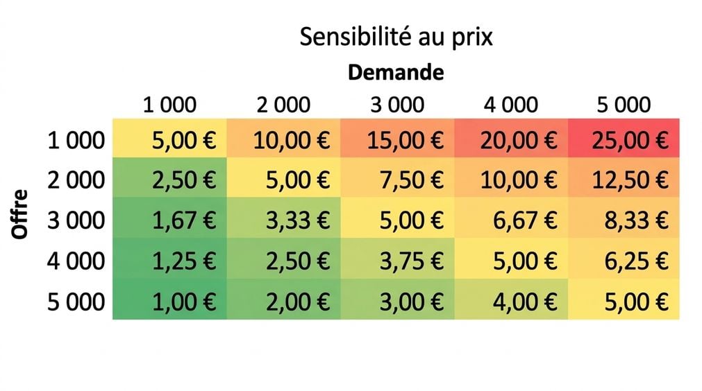 Exemple de tableau de sensibilité avec l'offre en lignes et la demande en colonnes