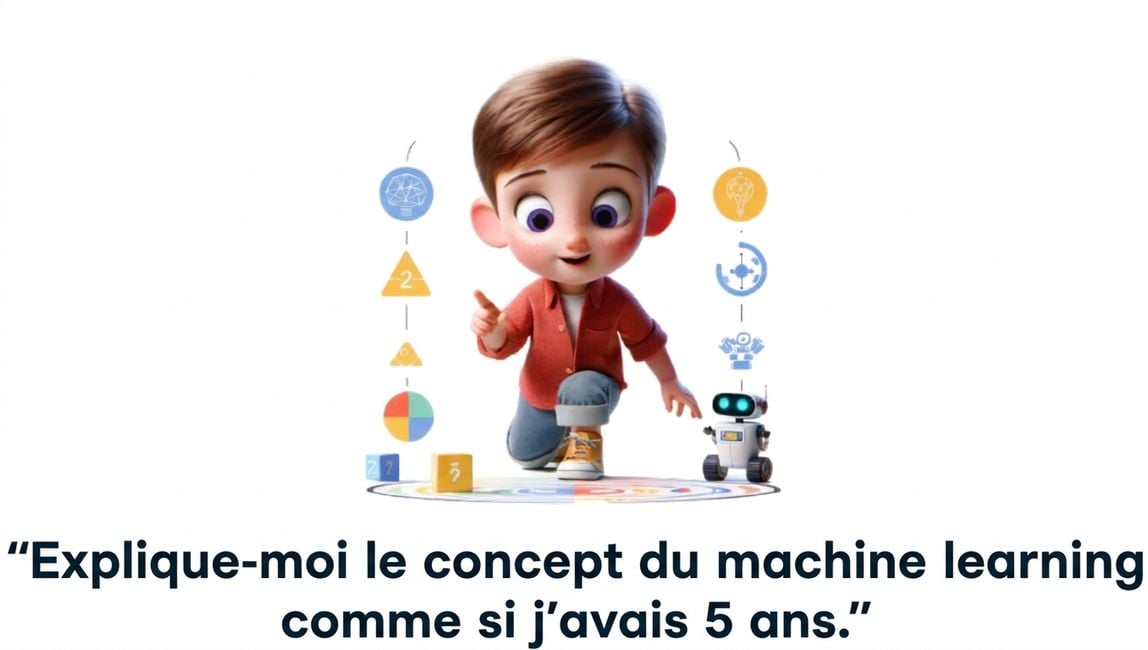 Illustration d'un enfant de cinq ans et invite « Expliquer le concept du machine learning comme si j'avais cinq ans »