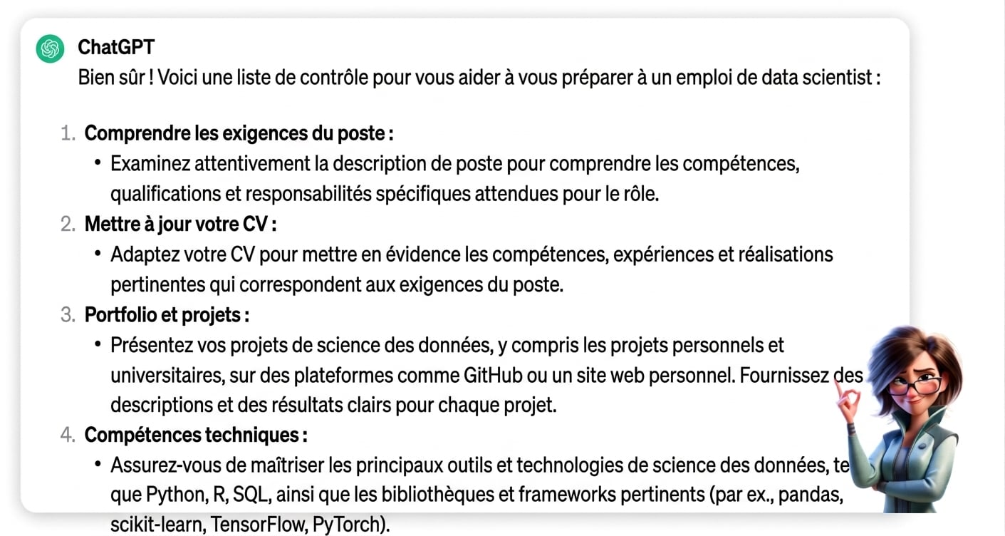 Réponse de ChatGPT à la question « Je postule pour un poste de data scientist, crée une liste de contrôle pour m'aider à me préparer au mieux »