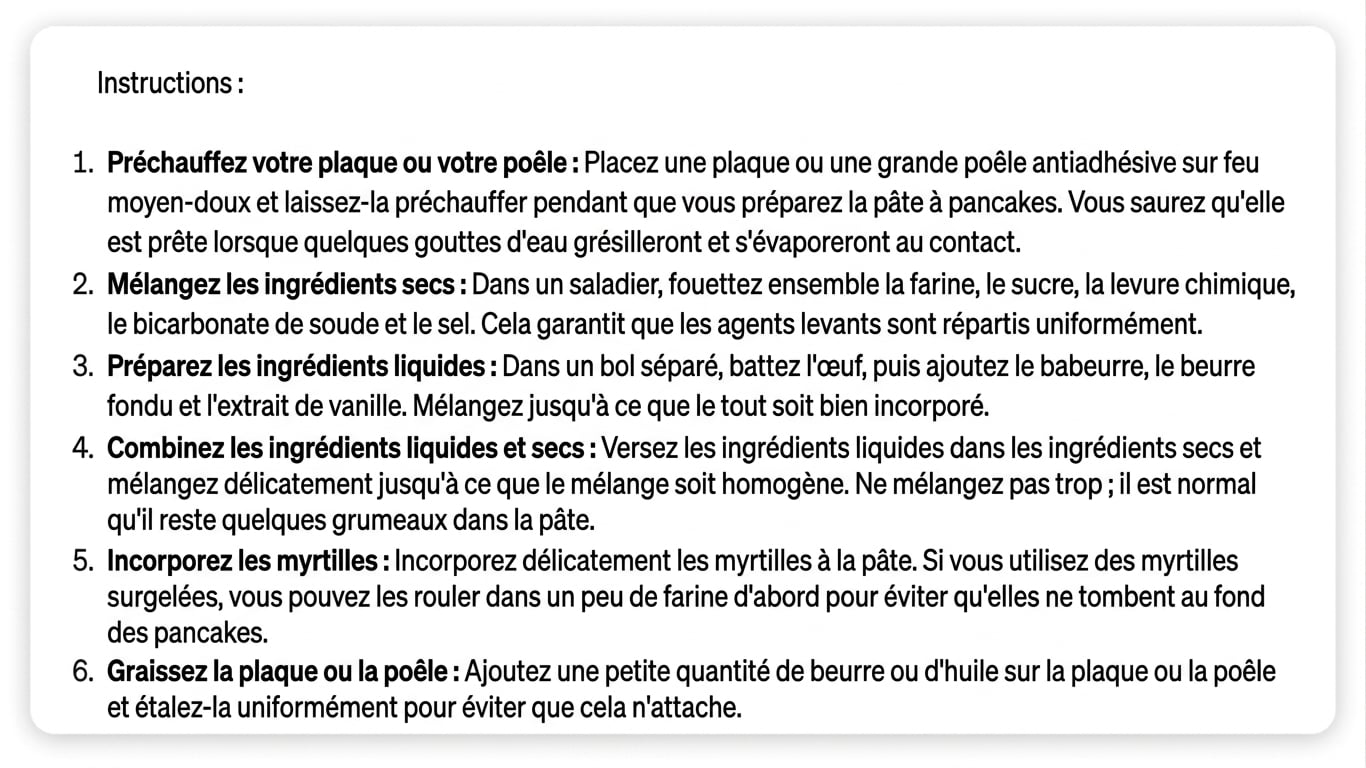 Réponse de ChatGPT à un prompt demandant de lister les étapes pour préparer des pancakes aux myrtilles
