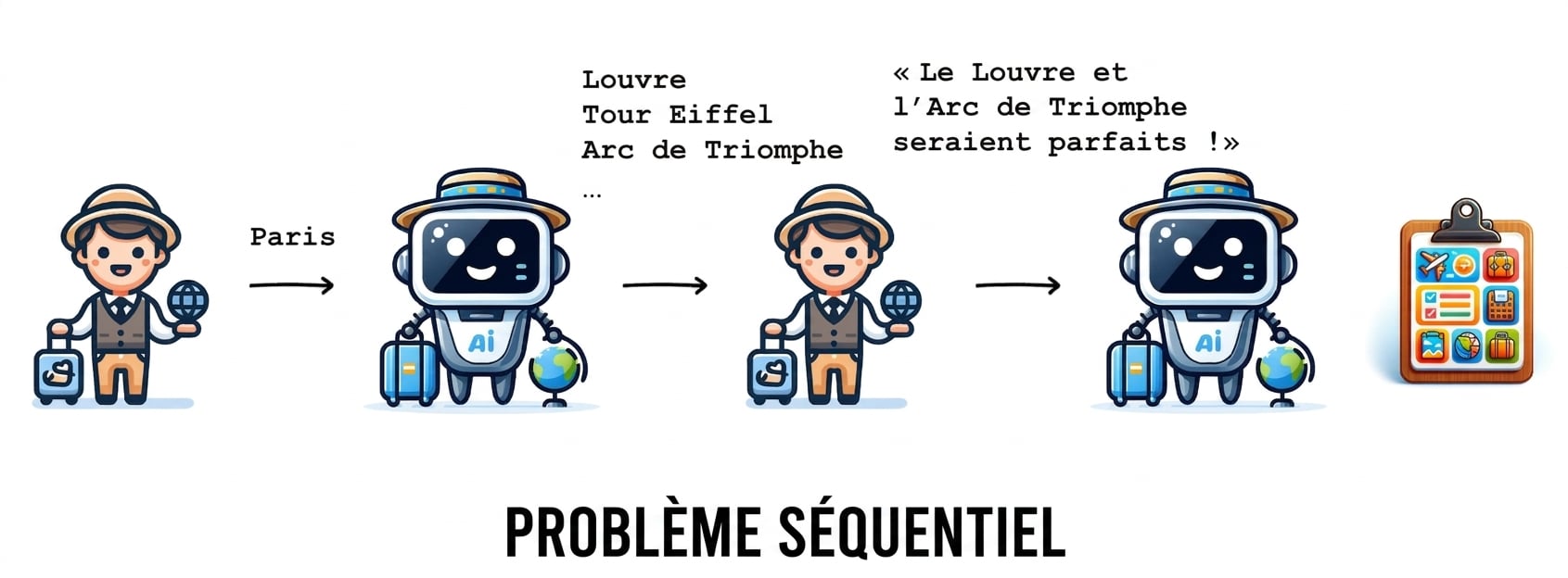 Ce flux de travail ayant pour thème un itinéraire de voyage est un exemple de problème séquentiel.