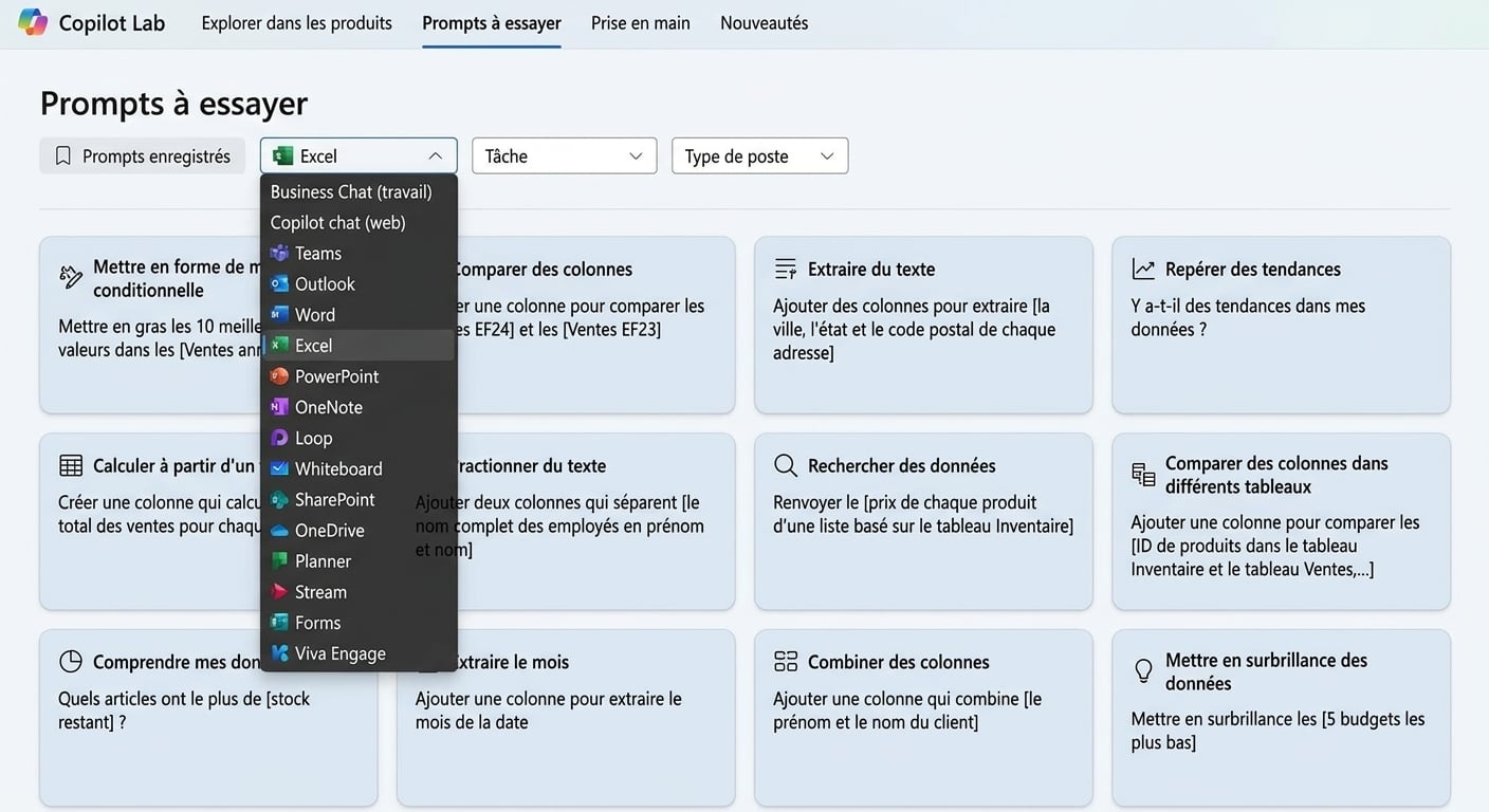 Une série de prompts suggérés par Copilot Lab, avec un filtre déroulant.