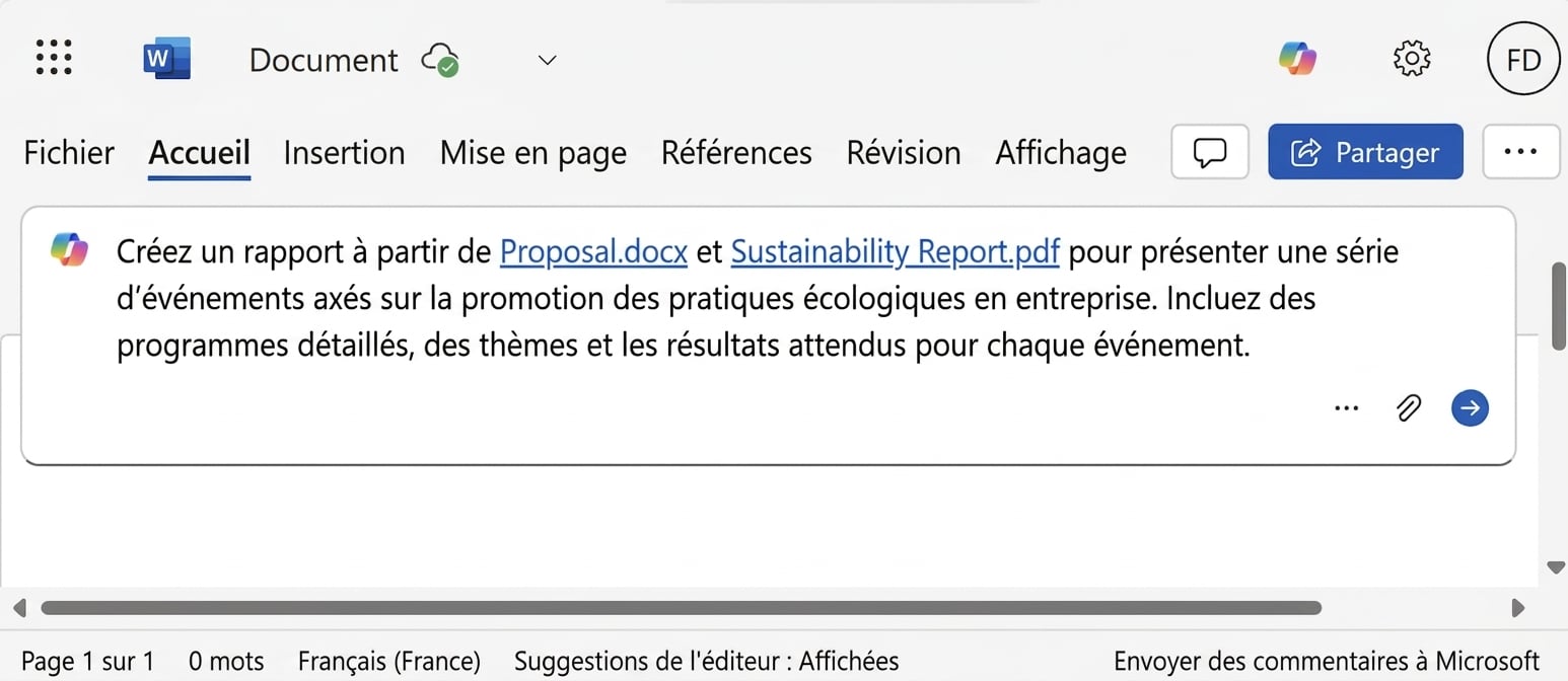 Prompt Copilot faisant référence à deux fichiers