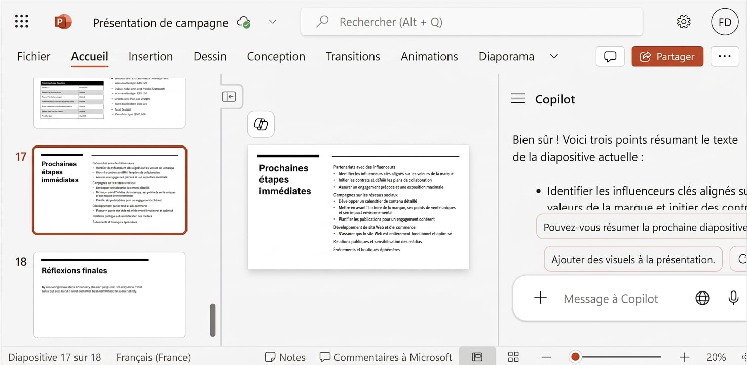 Un screenshot d'une diapositive PowerPoint avec le chat Copilot ouvert affichant la conversation avec un utilisateur.