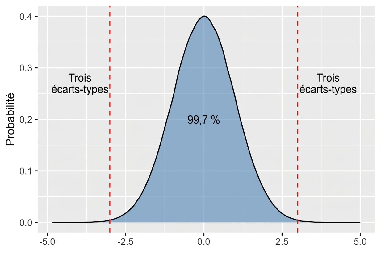 Normal distribution with area between plus minus three standard deviation labeled as 99.7 percent.png