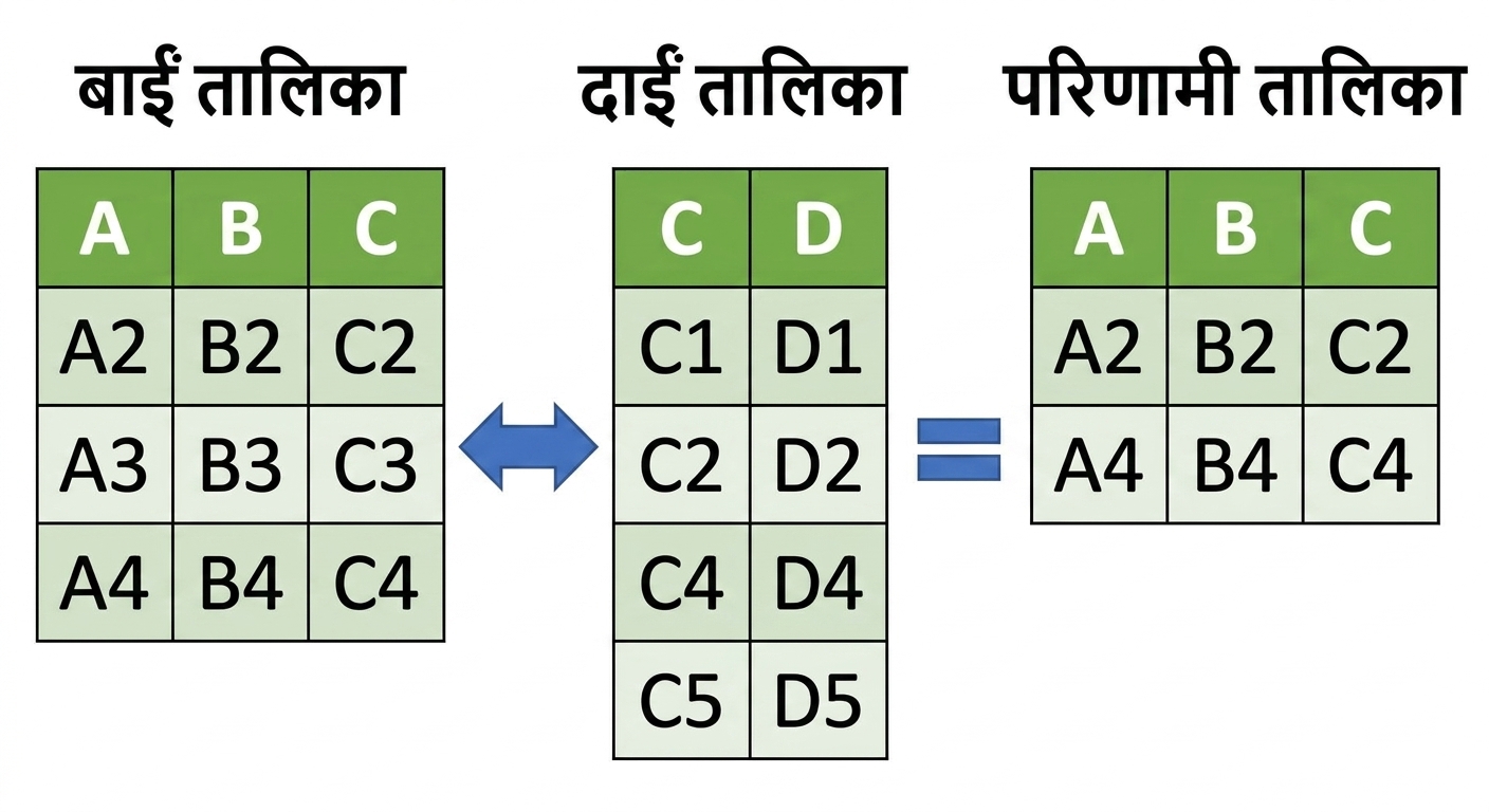 सेमी जॉइन का टेबल डायग्राम जहाँ परिणाम intersection से आते हैं