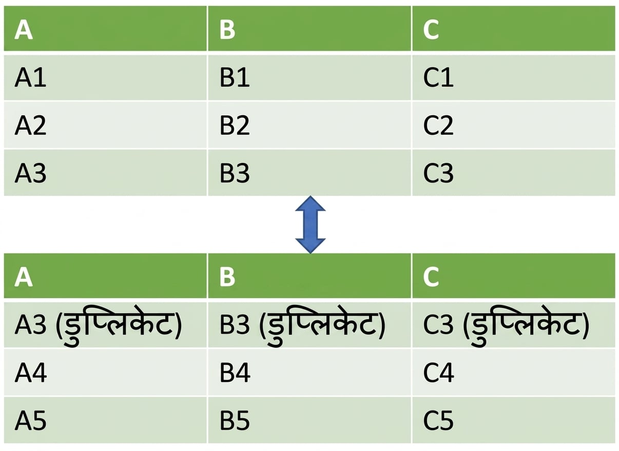 दूसरे DataFrame में डुप्लिकेट पंक्ति के साथ दो DataFrames को ऊर्ध्वाधर जोड़ा गया