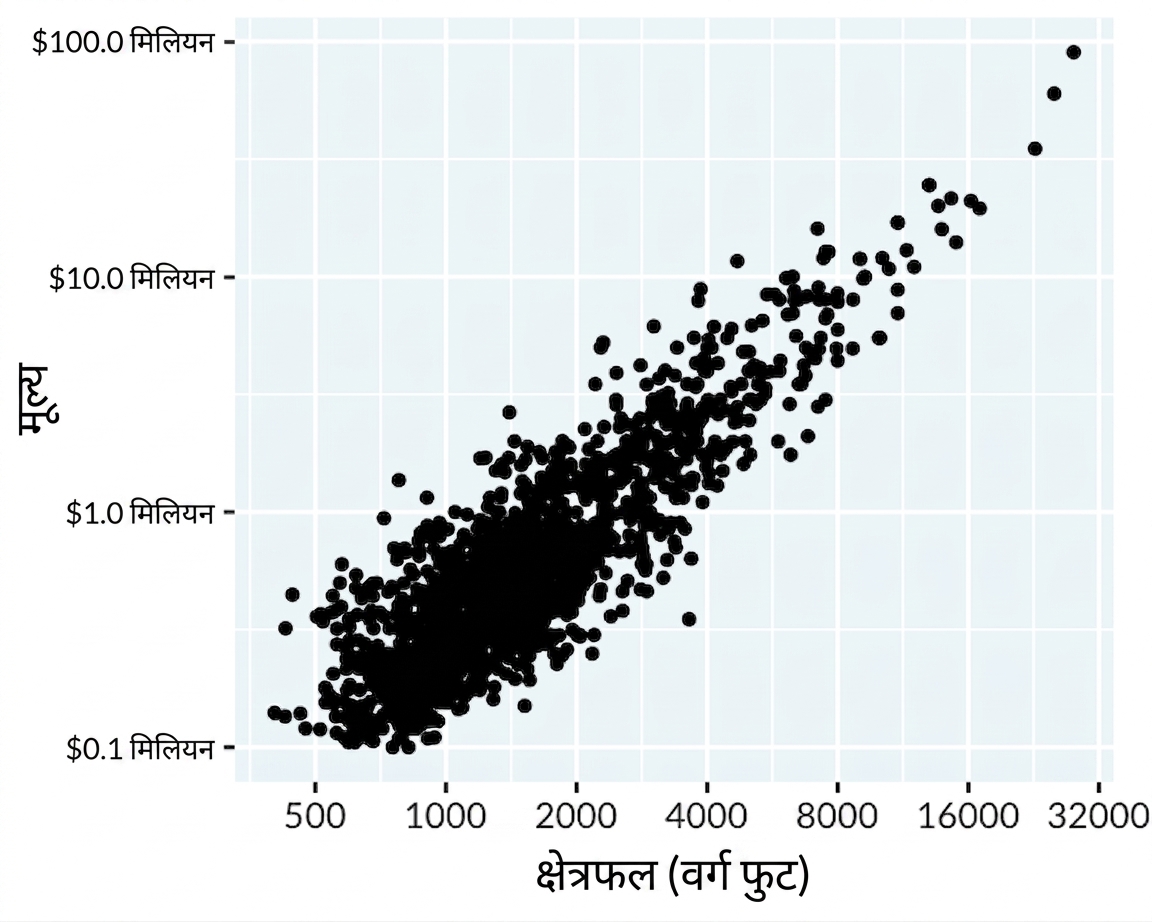 x और y दोनों अक्षों पर लॉगरिदमिक स्केल के साथ, क्षेत्र के मुकाबले लॉस एंजिल्स घरों की कीमतों का स्कैटर प्लॉट.