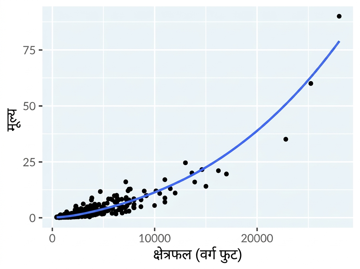 x और y दोनों अक्षों पर लीनियर स्केल के साथ, क्षेत्र के मुकाबले लॉस एंजिल्स घरों की कीमतों का स्कैटर प्लॉट. एक LOESS ट्रेंड लाइन जोड़ी गई है, जो अच्छा फिट है.