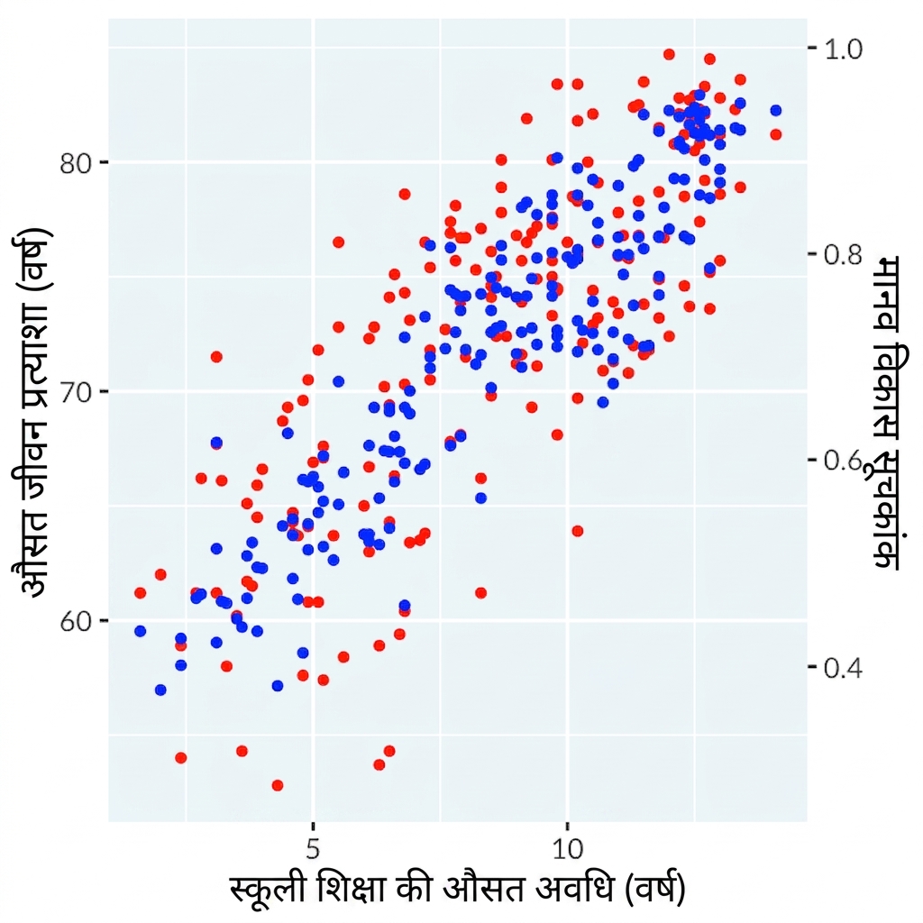 स्कूलिंग की अवधि बनाम life expectancy और HDI के डुअल अक्षों का स्कैटर, भ्रामक अक्षों से नकली सहसंबंध.