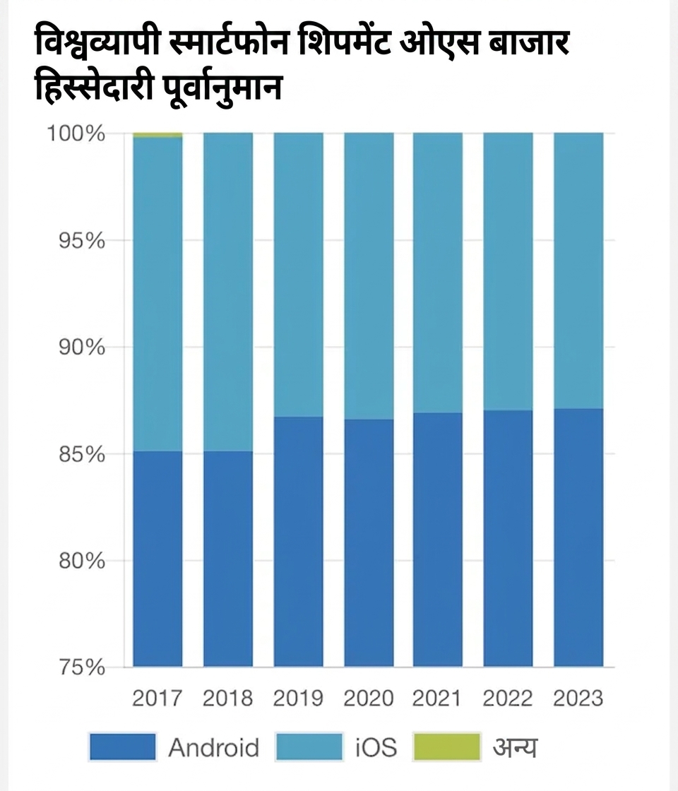 एक मार्केटिंग कंपनी का स्टैक्ड बार प्लॉट जो हर मोबाइल OS का मार्केट शेयर अनुमान दिखाता है। y-अक्ष 0 की बजाय 75% से शुरू होता है।