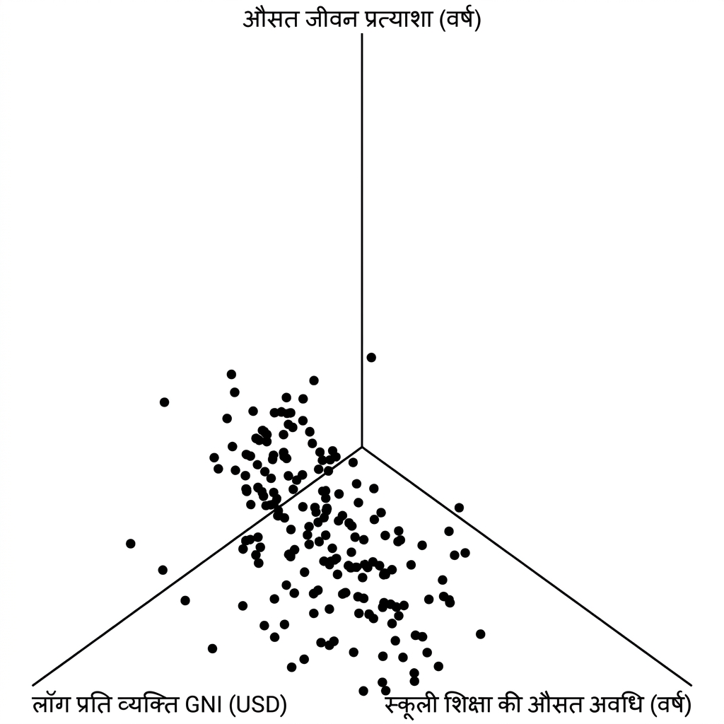 जीवन प्रत्याशा बनाम सकल राष्ट्रीय आय और स्कूली शिक्षा की लंबाई का एक और 3D स्कैटर प्लॉट, अलग कोण से. यह भी उलझा हुआ है.