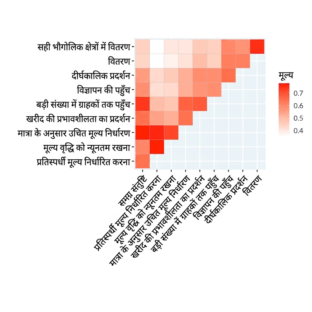 Yellow Pages विज्ञापन प्रोडक्ट के लिए कस्टमर सैटिस्फैक्शन सर्वे का correlation heatmap