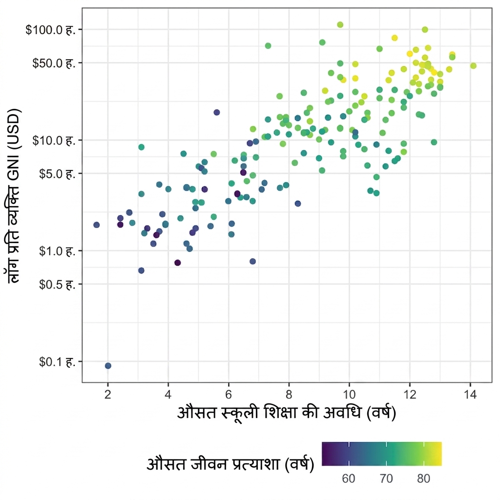 स्कूलिंग की लंबाई बनाम GNI का स्कैटर प्लॉट, रंग से औसत आयु-आशा दर्शाई गई