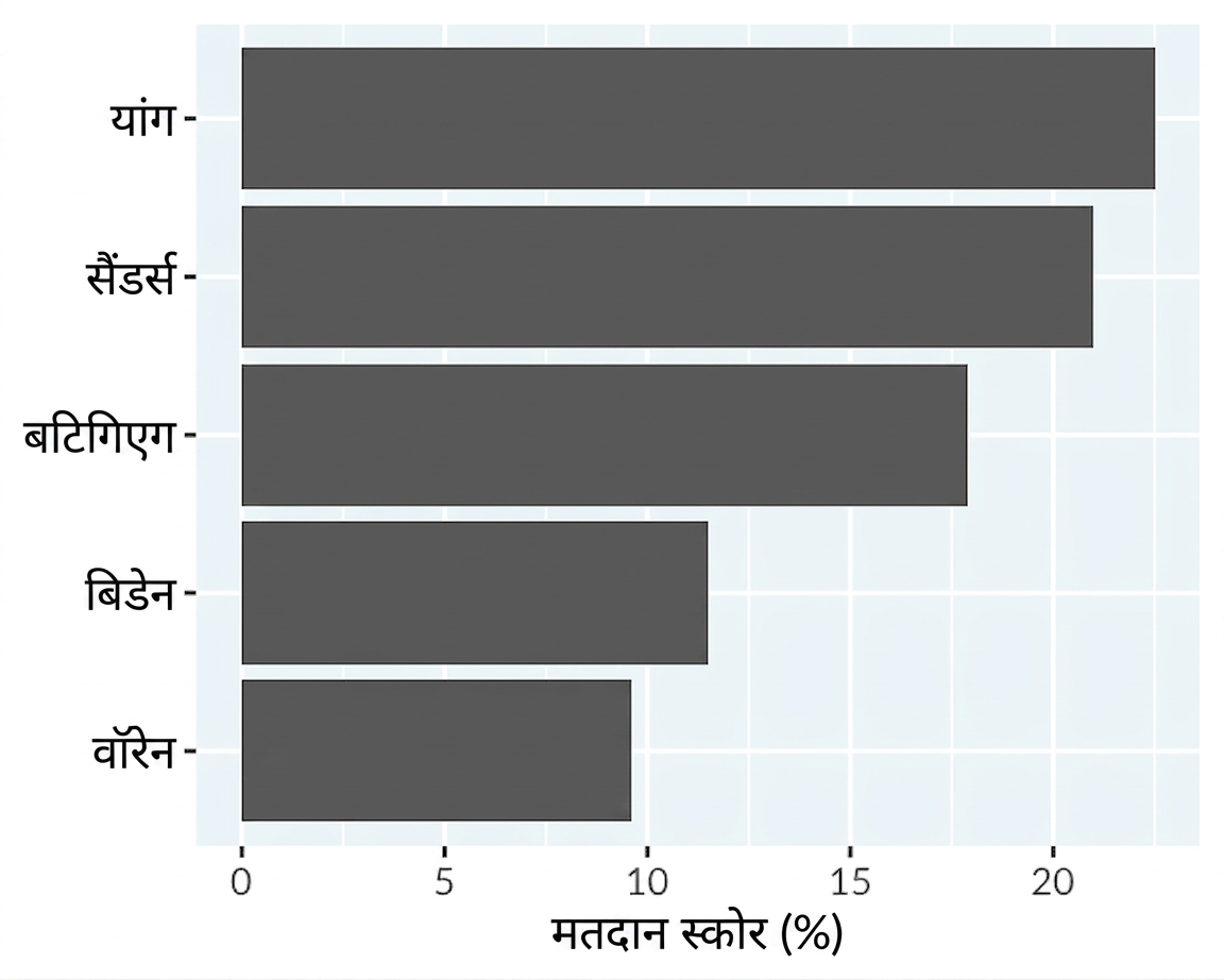 यांग का बार प्लॉट समानुपाती बारों के साथ फिर से बनाया गया है, जो दूसरे स्थान पर प्रतियोगी पर छोटे अंतर को दिखाता है।
