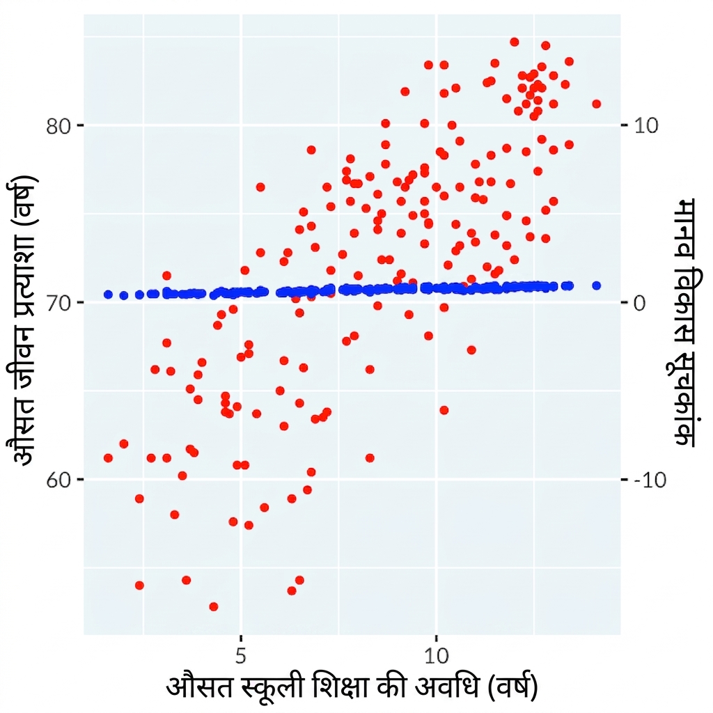 स्कूलिंग की अवधि बनाम life expectancy और HDI के डुअल अक्षों का स्कैटर, समायोजित अक्षों से कम सहसंबंध.