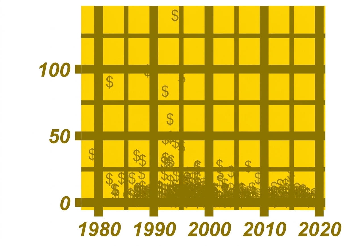 A scatter plot of critically acclaimed hip-hop songs over time, with added bling, such as a gold background and dollar signs instead of points.