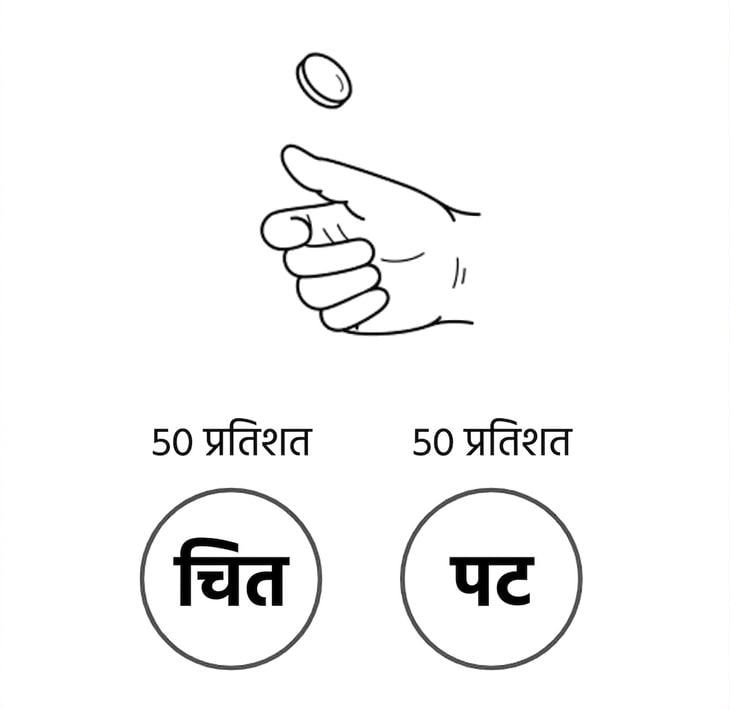 एक सिक्का उछालते हाथ: H की 50% संभावना, T की 50% संभावना