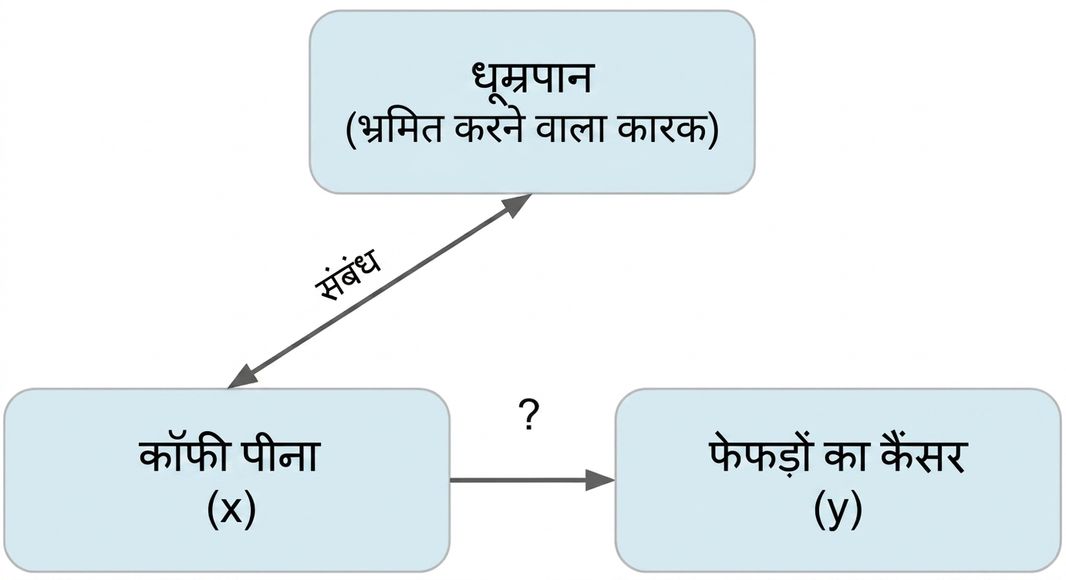 कॉफी पीना (x) से फेफड़ों का कैंसर (y) और स्मोकिंग (confounder)। स्मोकिंग और कॉफी पीने के बीच दोतरफा तीर, लेबल "association".