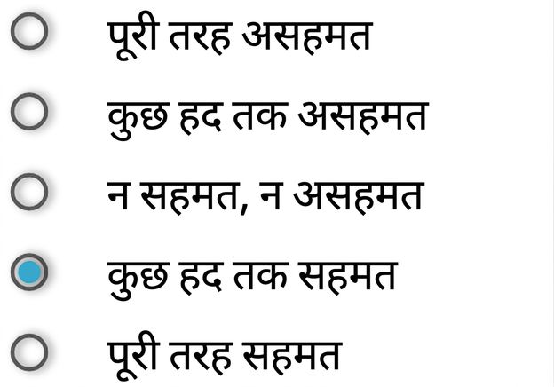 सख्त असहमत/कुछ हद तक असहमत/न सहमत न असहमत/कुछ हद तक सहमत/पूरी तरह सहमत