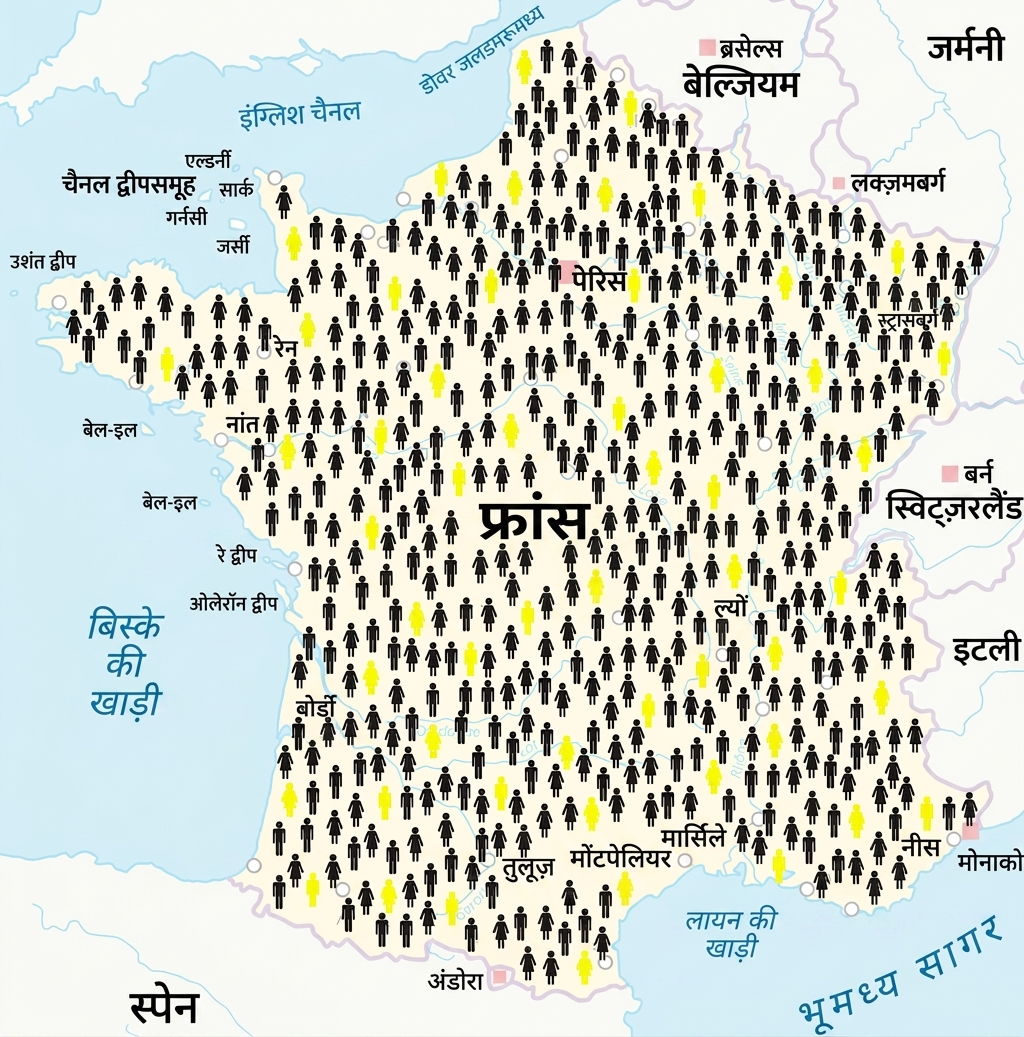 लोगों के आइकन के साथ फ़्रांस का मानचित्र, जिनमें से कुछ हाइलाइट किए गए हैं.
