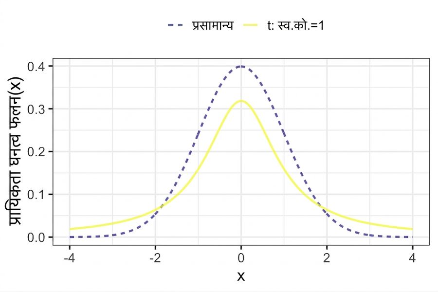 स्टैंडर्ड नॉर्मल डिस्ट्रिब्यूशन के PDF की तुलना 1 df वाली t-डिस्ट्रिब्यूशन से। t-डिस्ट्रिब्यूशन की टेल्स मोटी हैं और बीच की पीक नीची है।