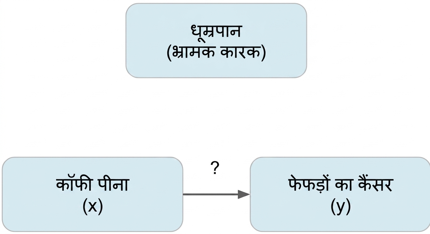 कॉफी पीना (x) से फेफड़ों का कैंसर (y) की ओर, ऊपर स्मोकिंग (confounder)