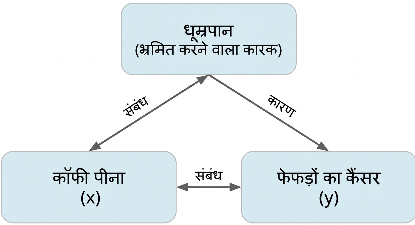 कॉफी पीना (x) और फेफड़ों का कैंसर (y) के बीच "association" वाली डबल ऐरो। स्मोकिंग और कॉफी पीने के बीच "association"। स्मोकिंग से फेफड़ों के कैंसर की ओर "causation".