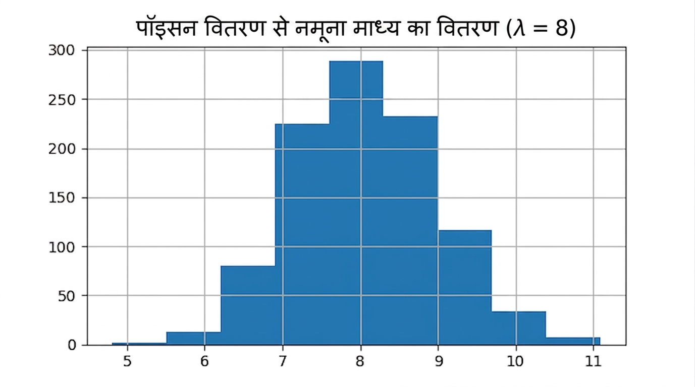 lambda = 8 वाले Poisson वितरण से सैंपल माध्यों का वितरण. सामान्य वितरण जैसा दिखता है