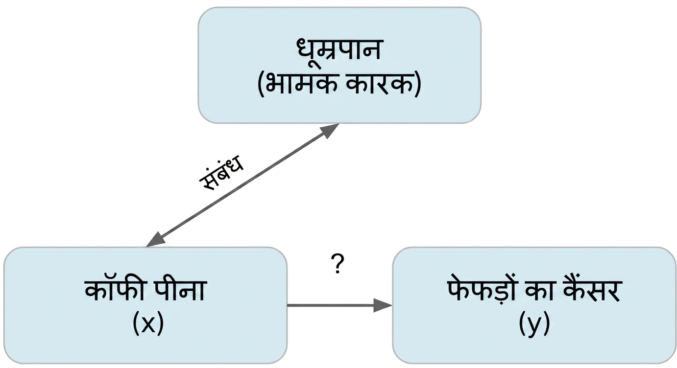 कॉफी पीना (x) से फेफड़ों का कैंसर (y) की ओर, स्मोकिंग (confounder) के साथ। स्मोकिंग और कॉफी पीने के बीच "association" लेबल वाली डबल ऐरो.