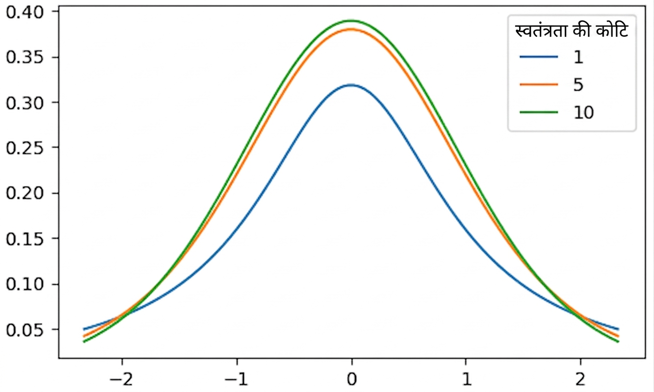 3 t वितरण: df = 1, df = 5, और df = 10
