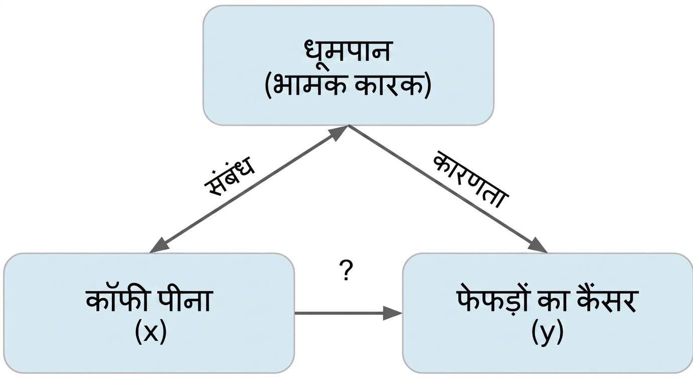 कॉफी पीना (x) से फेफड़ों का कैंसर (y) की ओर, स्मोकिंग (confounder) के साथ। स्मोकिंग और कॉफी पीने के बीच "association"। स्मोकिंग से फेफड़ों के कैंसर की ओर "causation"