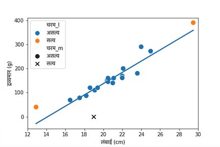 लंबाई के मुकाबले रोच के द्रव्यमान का स्कैटर प्लॉट, ट्रेंड लाइन सहित। ज़्यादातर बिंदु नीले हैं, एक बहुत छोटा और एक बहुत लंबा रोच नारंगी है। अधिकतर बिंदु वृत्त हैं, लेकिन शून्य द्रव्यमान वाले मछली का बिंदु क्रॉस है.