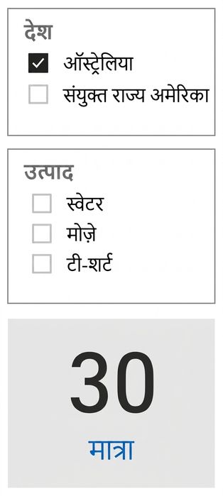 रिपोर्ट व्यू जिसमें Country स्लाइसर, Product स्लाइसर, और quantity दिखाने वाला कार्ड है. Product स्लाइसर सभी संभावित products दिखाता है.