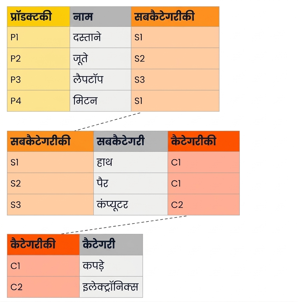 Snowflake स्कीमा में प्रोडक्ट हाइरार्की की उदाहरण टेबलें