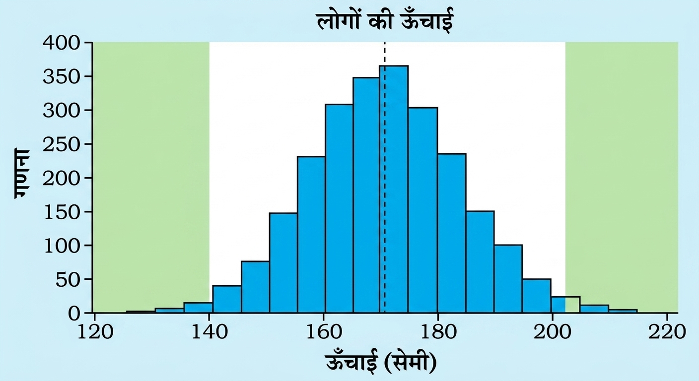 लोगों की ऊँचाइयों का हिस्टोग्राम, x-अक्ष पर ऊँचाई और y-अक्ष पर उन ऊँचाइयों के प्रेक्षणों की संख्या. चार्ट के दोनों सिरों पर हरे भाग संभावित आउटलिएर्स दिखाते हैं.