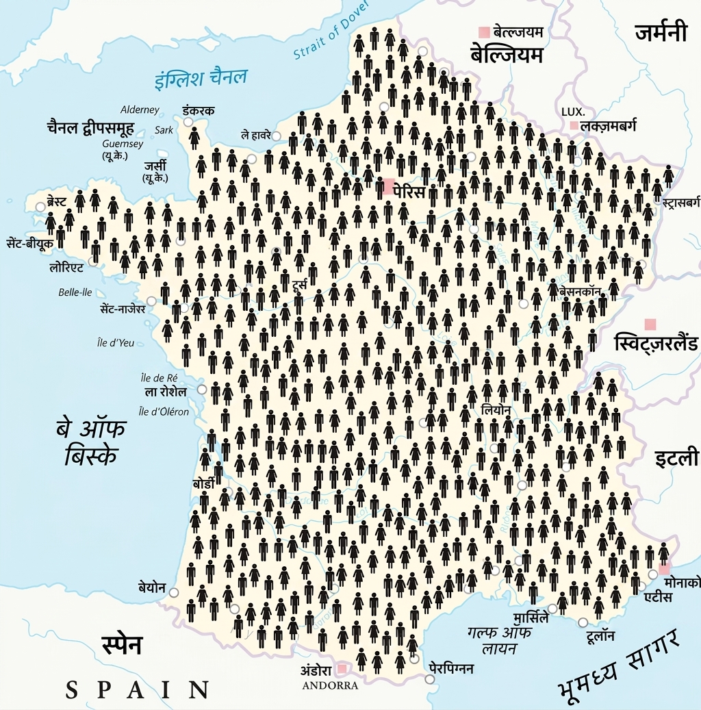 लोगों के आइकन के साथ फ़्रांस का मानचित्र.