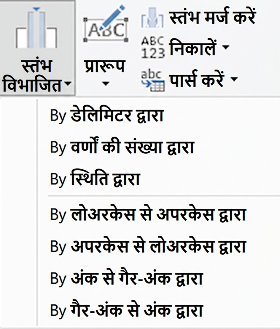 Power Query का स्क्रीनशॉट: Split Column ट्रांसफॉर्मेशन और उसके विकल्प