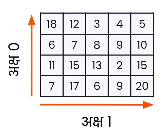 ग्राफिक: axis 0 पंक्तियों की दिशा है और axis 1 कॉलमों की दिशा है