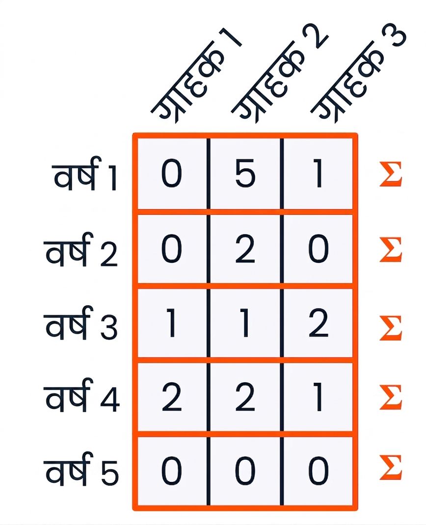 एक ग्राफिक जिसमें हर पंक्ति हाईलाइट है और दाएँ sum के चिन्ह हैं, दर्शाता है कि पंक्ति-वार योग हो रहा है
