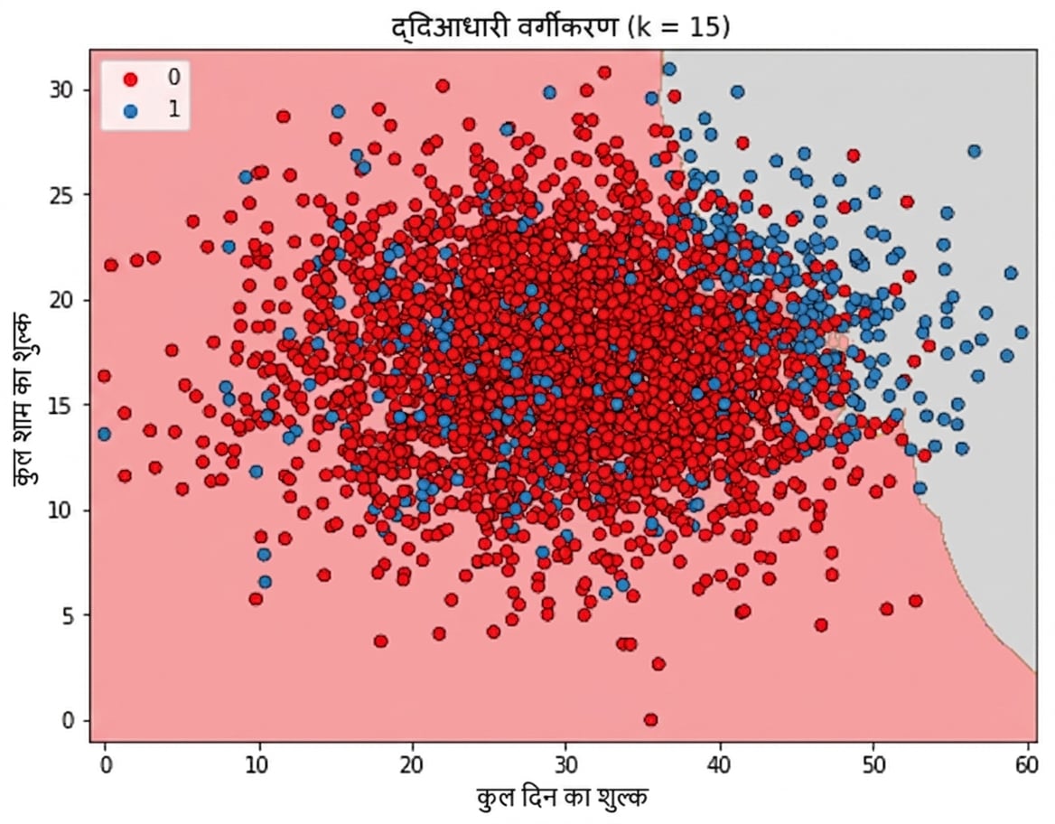 churn scatterplot जिसमें निर्णय सीमा KNN के churn/नो-churn अनुमान के आधार पर observations को विभाजित करती है