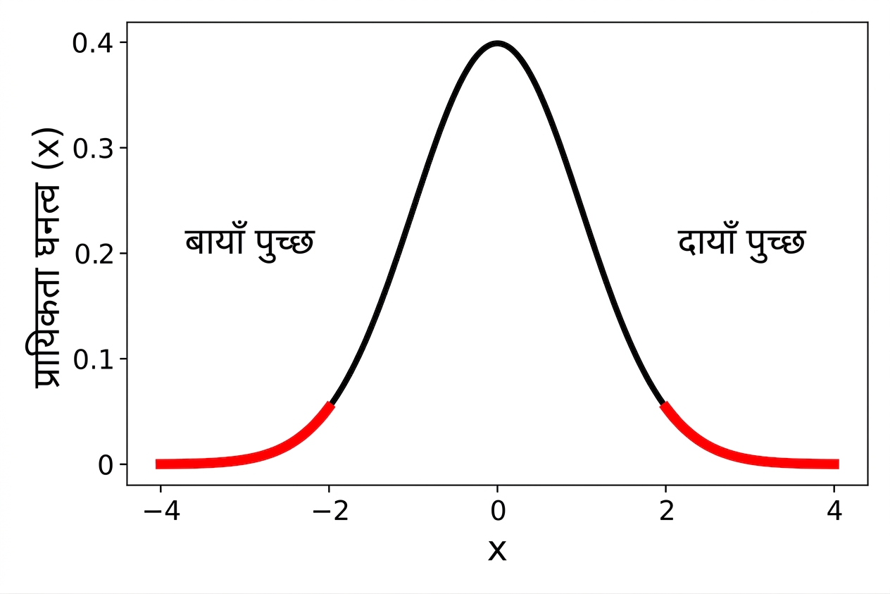 मानक नॉर्मल वितरण के pdf का डेंसिटी प्लॉट, जिसमें बाएँ और दाएँ टेल लाल रंग में हाइलाइट हैं.