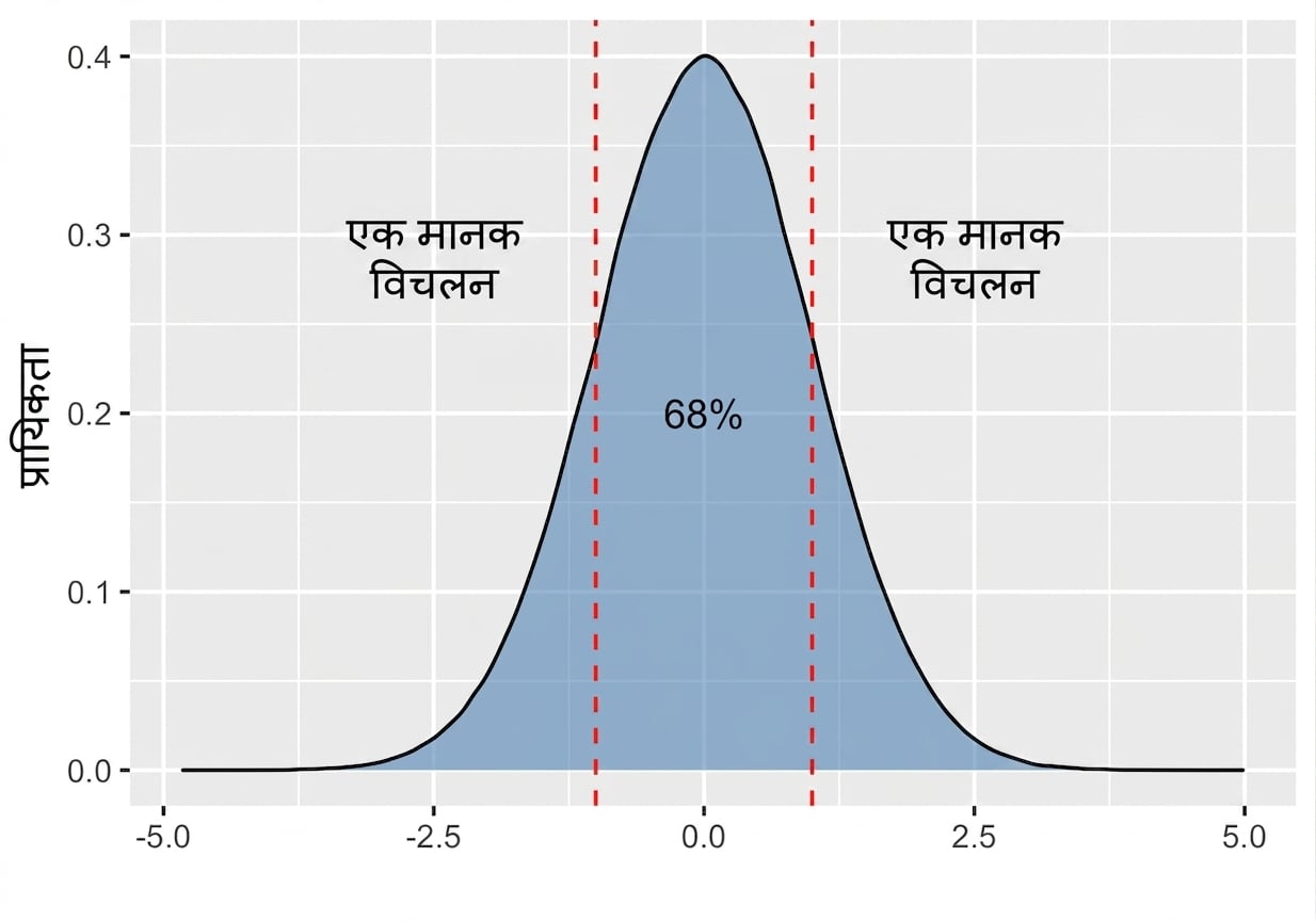 ±1 standard deviation के बीच 68 प्रतिशत क्षेत्र वाला सामान्य वितरण