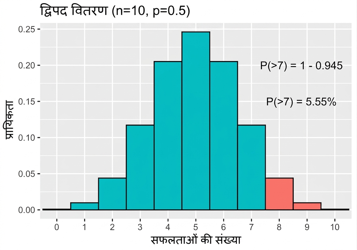 नॉर्मल वितरण में 7 से अधिक सफलताओं का नीला शेड, बराबर 5.55 प्रतिशत.png