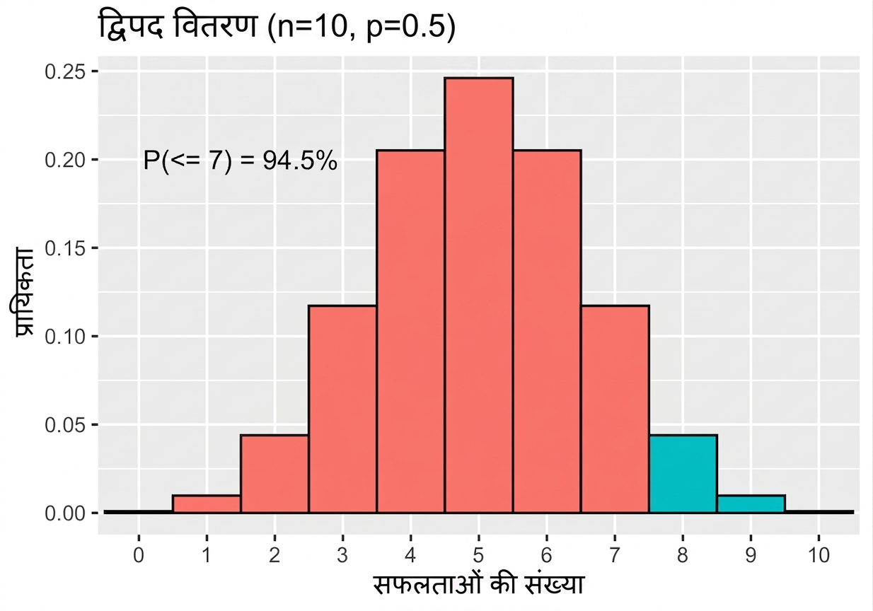 बाइनोमियल वितरण जिसमें 7 या उससे कम सफलताएँ हाइलाइट, प्रायिकता 99.45 प्रतिशत.png