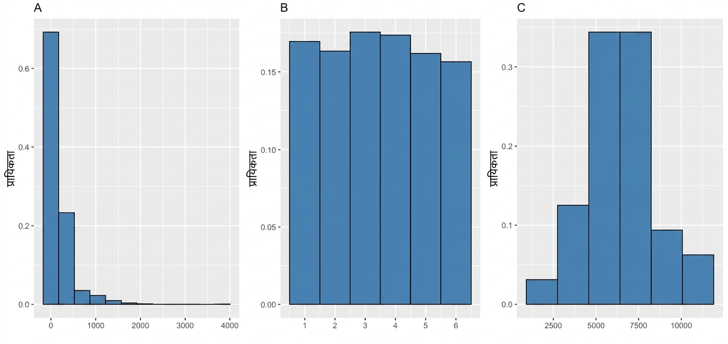 three_plots, first_showing_a_distribution_with_a_large_peak_on_the_left,second_showing_a_uniform_distribution_and_third_showing_a_symmetrical_distribution_peaking_in_the_middle.png