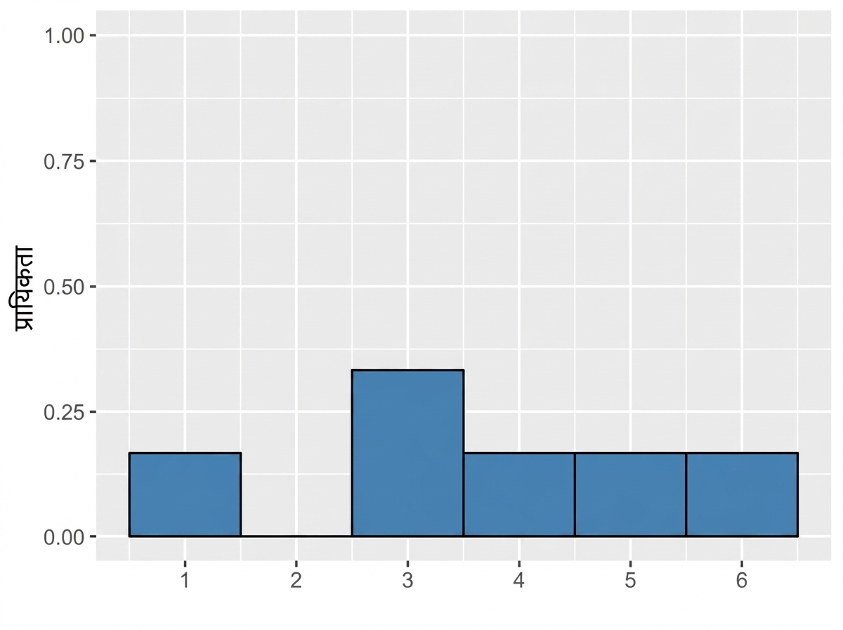 असमान पासे का probability distribution: एक, चार, पाँच, छह के बार की ऊँचाई एक-छठा; दो का शून्य; तीन का एक-तिहाई.png