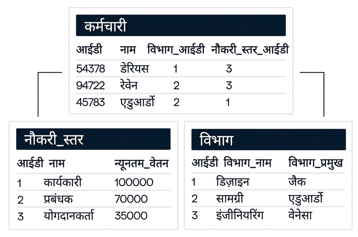 एक इमेज जिसमें एक डेटाबेस के भीतर तीन टेबलें दिखाई गई हैं. एक टेबल का नाम employees है और यह दो अन्य टेबलों, job_levels और departments, से जुड़ी हुई दिखती है.