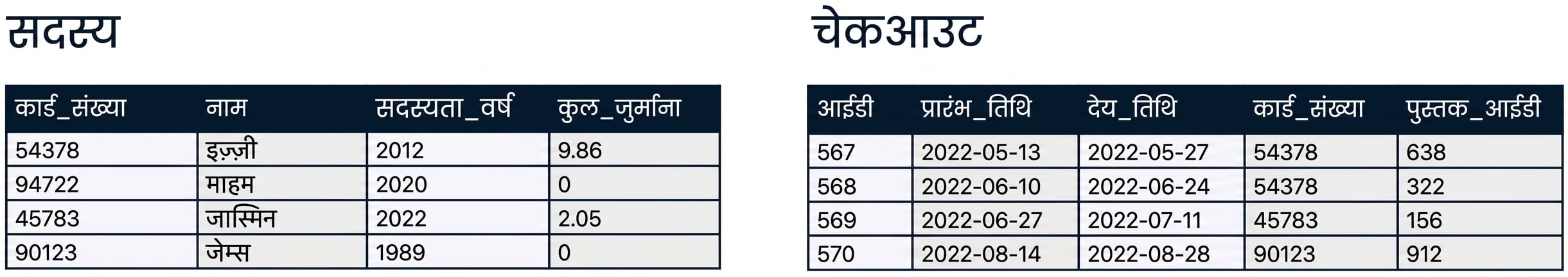 लाइब्रेरी डेटाबेस के patrons और checkouts टेबल