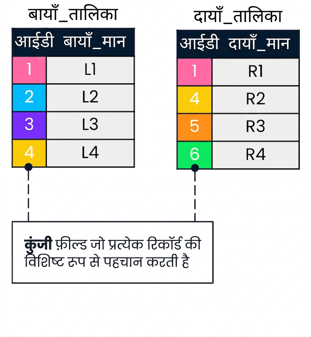 एक चित्र जिसमें दो टेबल: बायाँ टेबल और दायाँ टेबल दिखाए गए हैं। left और right टेबल में मिलते-जुलते id मान एक ही रंग में दिखाए गए हैं.